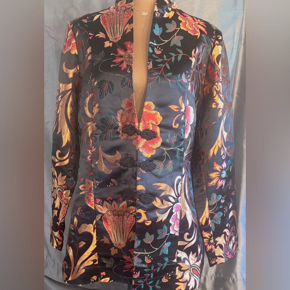 Soft Surroundings Black Blazer with Multicolor Floral Design